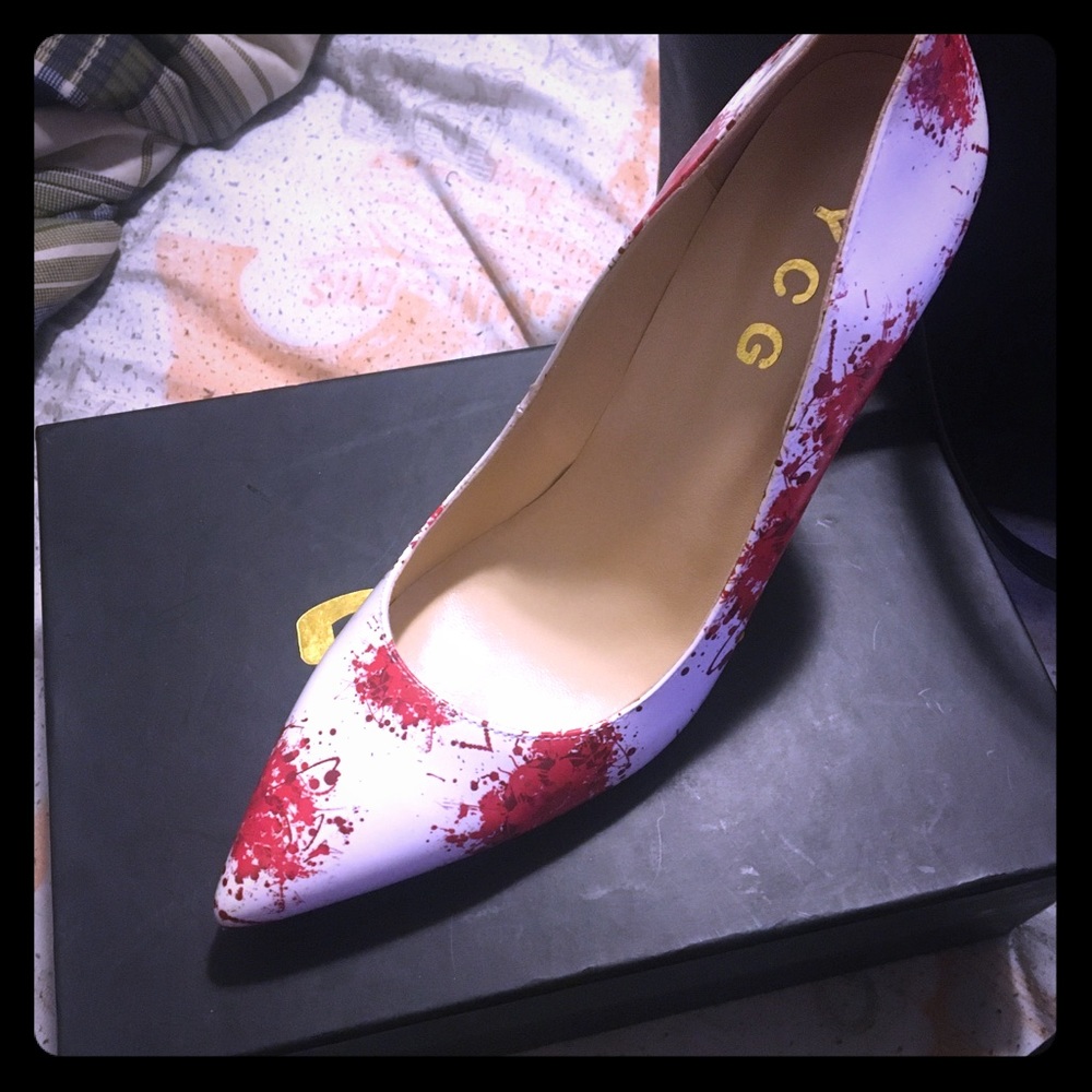 White with Red Paint Splatter High Heel Shoes